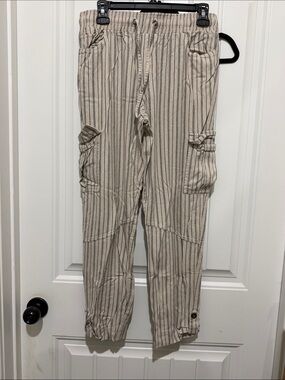 Striped Beige Cargo Pants for Men — Casual Drawstring Utility Style